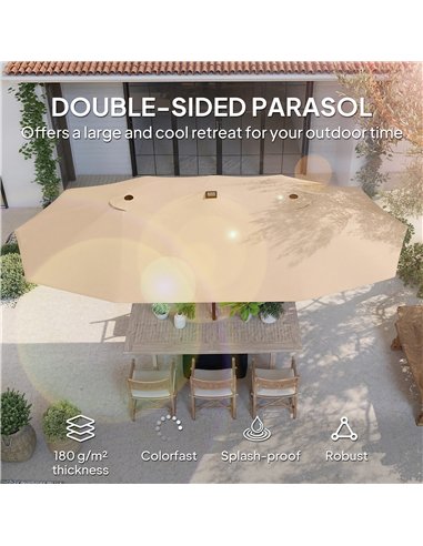 Outsunny Patio Umbrella Double-Sided Outdoor Umbrella with Solar Lights Base, Khaki