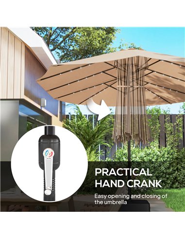Outsunny Patio Umbrella Double-Sided Outdoor Umbrella with Solar Lights Base, Khaki