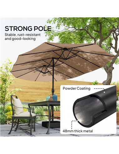 Outsunny Patio Umbrella Double-Sided Outdoor Umbrella with Solar Lights Base, Khaki