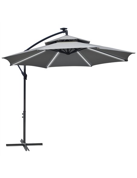 Outsunny 3(m) Cantilever Banana Parasol Hanging Umbrella with Double Roof, LED Solar lights, Crank, 8 Sturdy Ribs and Cross Base - pic 188374 | FastDaddyshop