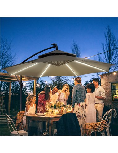 Outsunny 3(m) Cantilever Banana Parasol Hanging Umbrella with Double Roof, LED Solar lights, Crank, 8 Sturdy Ribs and Cross Base