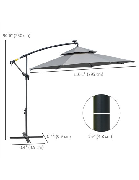 Outsunny 3(m) Cantilever Banana Parasol Hanging Umbrella with Double Roof, LED Solar lights, Crank, 8 Sturdy Ribs and Cross Base - pic 188376 | FastDaddyshop
