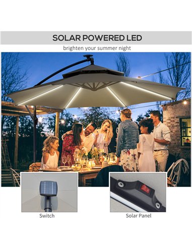 Outsunny 3(m) Cantilever Banana Parasol Hanging Umbrella with Double Roof, LED Solar lights, Crank, 8 Sturdy Ribs and Cross Base