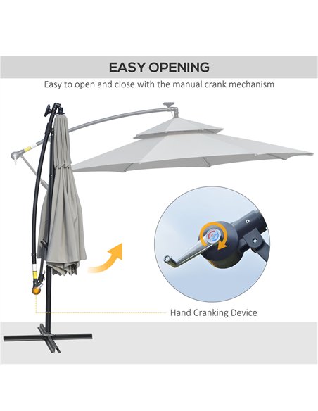 Outsunny 3(m) Cantilever Banana Parasol Hanging Umbrella with Double Roof, LED Solar lights, Crank, 8 Sturdy Ribs and Cross Base - pic 188378 | FastDaddyshop