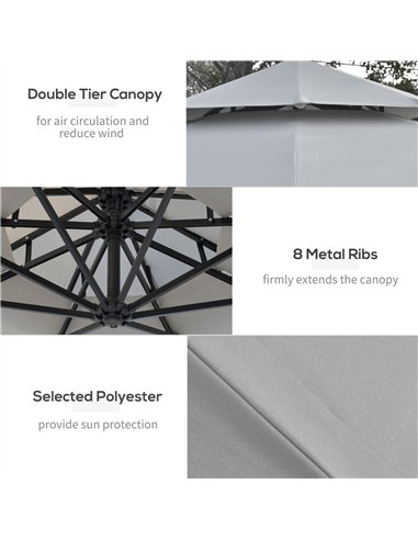 Outsunny 3(m) Cantilever Banana Parasol Hanging Umbrella with Double Roof, LED Solar lights, Crank, 8 Sturdy Ribs and Cross Base