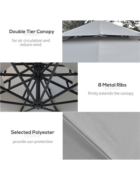 Outsunny 3(m) Cantilever Banana Parasol Hanging Umbrella with Double Roof, LED Solar lights, Crank, 8 Sturdy Ribs and Cross Base - pic 188379 | FastDaddyshop