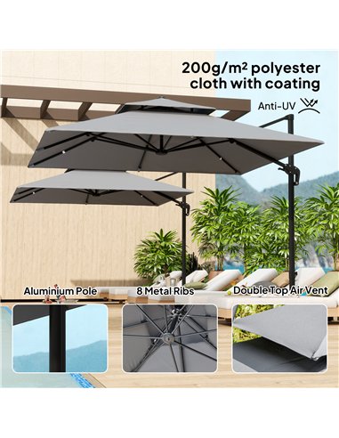 Outsunny 3 x 3(m) Cantilever Parasol with Aluminium Frame, Crank and Tilt, 360-Degree Rotation, Double Top Garden Umbrella with 