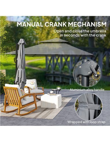 Outsunny 3 x 3(m) Cantilever Parasol with Aluminium Frame, Crank and Tilt, 360-Degree Rotation, Double Top Garden Umbrella with 