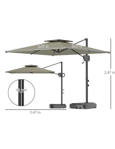 Outsunny Cantilever Parasol with Weighted Base Double Top Garden Parasol Square Hanging Patio Umbrella with Crank Tilt Light Gre