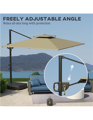 Outsunny Cantilever Parasol with Weighted Base Double Top Garden Parasol Square Hanging Patio Umbrella with Crank Tilt Light Gre