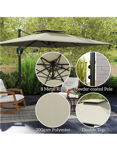 Outsunny Cantilever Parasol with Weighted Base Double Top Garden Parasol Square Hanging Patio Umbrella with Crank Tilt Light Gre