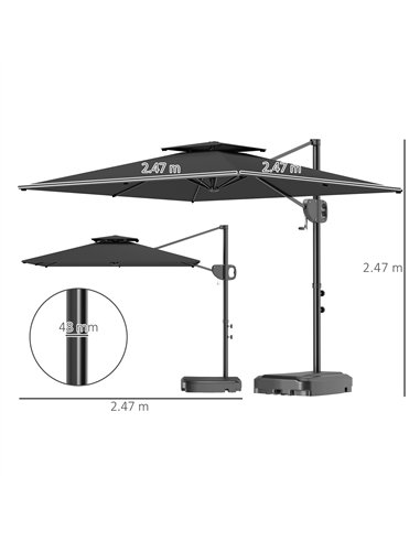 Outsunny Cantilever Parasol with Weighted Base Double Top Garden Parasol Square Hanging Patio Umbrella with Crank Tilt Dark Grey
