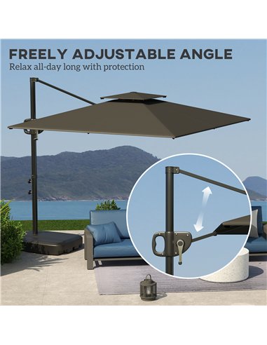 Outsunny Cantilever Parasol with Weighted Base Double Top Garden Parasol Square Hanging Patio Umbrella with Crank Tilt Dark Grey