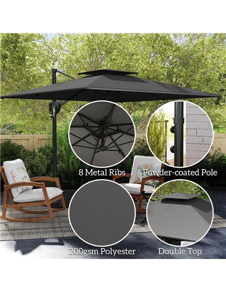 Outsunny Cantilever Parasol with Weighted Base Double Top Garden Parasol Square Hanging Patio Umbrella with Crank Tilt Dark Grey - pic 188451 | FastDaddyshop