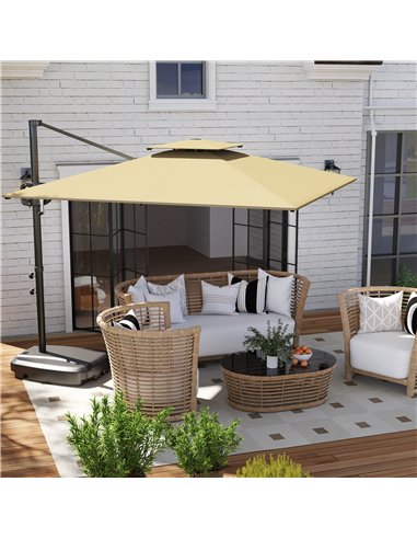 Outsunny Cantilever Parasol with Weighted Base Double Top Garden Parasol Square Hanging Patio Umbrella with Crank Tilt Khaki
