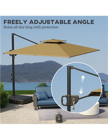 Outsunny Cantilever Parasol with Weighted Base Double Top Garden Parasol Square Hanging Patio Umbrella with Crank Tilt Khaki