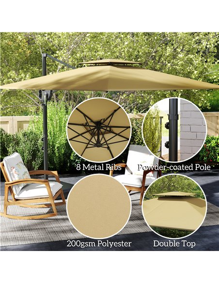 Outsunny Cantilever Parasol with Weighted Base Double Top Garden Parasol Square Hanging Patio Umbrella with Crank Tilt Khaki - pic 188460 | FastDaddyshop
