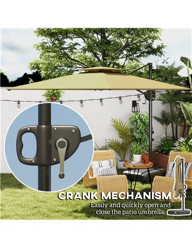 Outsunny Cantilever Parasol with Weighted Base Double Top Garden Parasol Square Hanging Patio Umbrella with Crank Tilt Khaki
