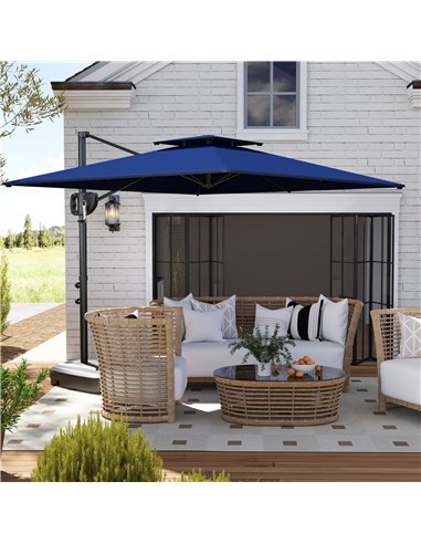 Outsunny Cantilever Parasol with Weighted Base Double Top Garden Parasol Square Hanging Patio Umbrella with Crank Tilt Dark Blue