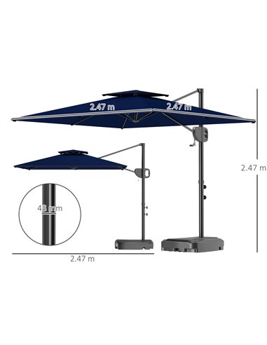 Outsunny Cantilever Parasol with Weighted Base Double Top Garden Parasol Square Hanging Patio Umbrella with Crank Tilt Dark Blue
