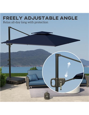 Outsunny Cantilever Parasol with Weighted Base Double Top Garden Parasol Square Hanging Patio Umbrella with Crank Tilt Dark Blue