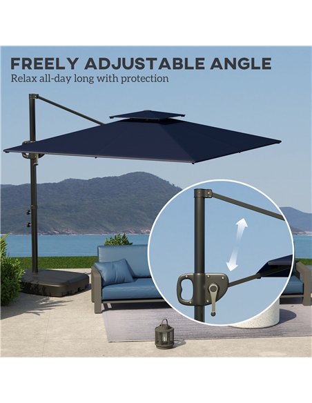 Outsunny Cantilever Parasol with Weighted Base Double Top Garden Parasol Square Hanging Patio Umbrella with Crank Tilt Dark Blue - pic 188468 | FastDaddyshop
