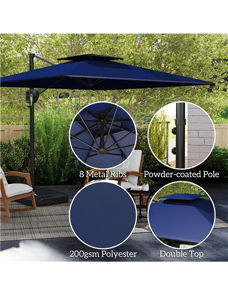 Outsunny Cantilever Parasol with Weighted Base Double Top Garden Parasol Square Hanging Patio Umbrella with Crank Tilt Dark Blue - pic 188469 | FastDaddyshop