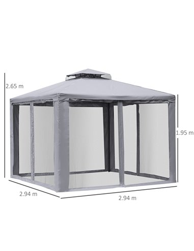 Outsunny 3x3M Metal Gazebo with 2-tier Roof, Netting, Grey