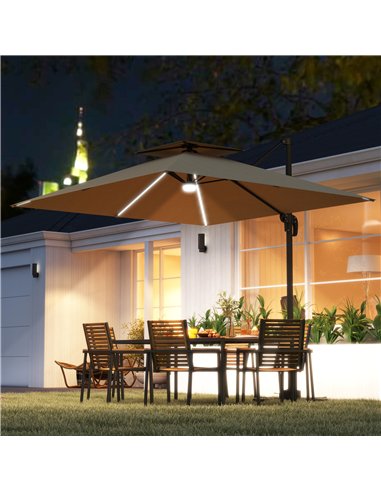 Outsunny 2.5m Cantilever Parasol with Solar Powered LED Lights, 360° Rotation, Tilt Adjustment, Crank Handle, Khaki