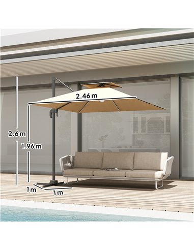 Outsunny 2.5m Cantilever Parasol with Solar Powered LED Lights, 360° Rotation, Tilt Adjustment, Crank Handle, Khaki