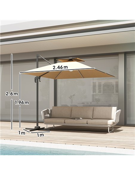 Outsunny 2.5m Cantilever Parasol with Solar Powered LED Lights, 360° Rotation, Tilt Adjustment, Crank Handle, Khaki - pic 188475 | FastDaddyshop