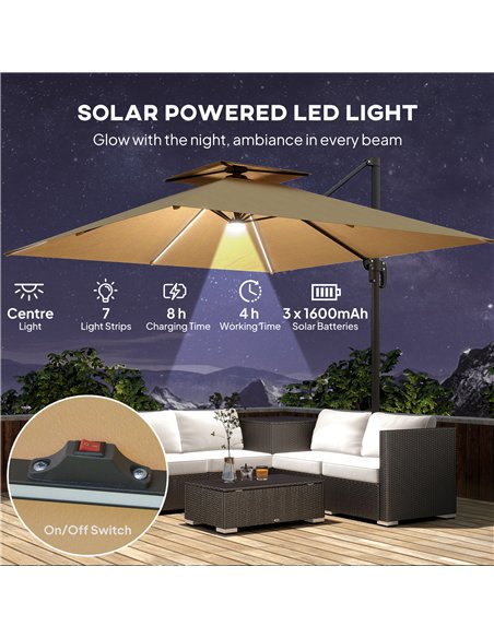 Outsunny 2.5m Cantilever Parasol with Solar Powered LED Lights, 360° Rotation, Tilt Adjustment, Crank Handle, Khaki - pic 188476 | FastDaddyshop