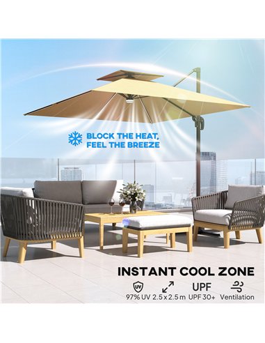 Outsunny 2.5m Cantilever Parasol with Solar Powered LED Lights, 360° Rotation, Tilt Adjustment, Crank Handle, Khaki