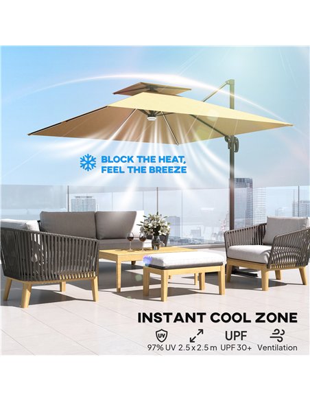 Outsunny 2.5m Cantilever Parasol with Solar Powered LED Lights, 360° Rotation, Tilt Adjustment, Crank Handle, Khaki - pic 188477 | FastDaddyshop