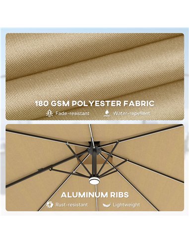 Outsunny 2.5m Cantilever Parasol with Solar Powered LED Lights, 360° Rotation, Tilt Adjustment, Crank Handle, Khaki