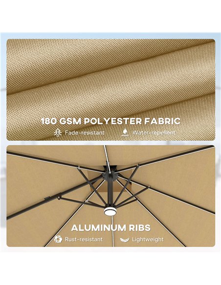 Outsunny 2.5m Cantilever Parasol with Solar Powered LED Lights, 360° Rotation, Tilt Adjustment, Crank Handle, Khaki - pic 188478 | FastDaddyshop