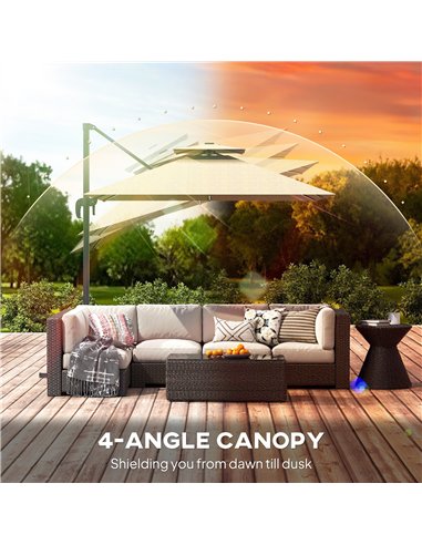 Outsunny 2.5m Cantilever Parasol with Solar Powered LED Lights, 360° Rotation, Tilt Adjustment, Crank Handle, Khaki
