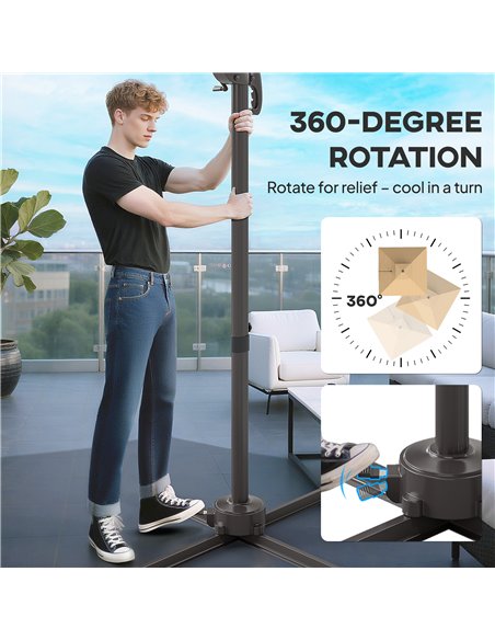 Outsunny 2.5m Cantilever Parasol with Solar Powered LED Lights, 360° Rotation, Tilt Adjustment, Crank Handle, Khaki - pic 188480 | FastDaddyshop