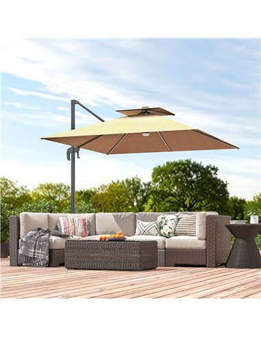 Outsunny 2.5m Cantilever Parasol with Solar Powered LED Lights, 360° Rotation, Tilt Adjustment, Crank Handle, Khaki