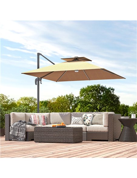 Outsunny 2.5m Cantilever Parasol with Solar Powered LED Lights, 360° Rotation, Tilt Adjustment, Crank Handle, Khaki - pic 188481 | FastDaddyshop