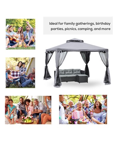 Outsunny 3x3M Metal Gazebo with 2-tier Roof, Netting, Grey