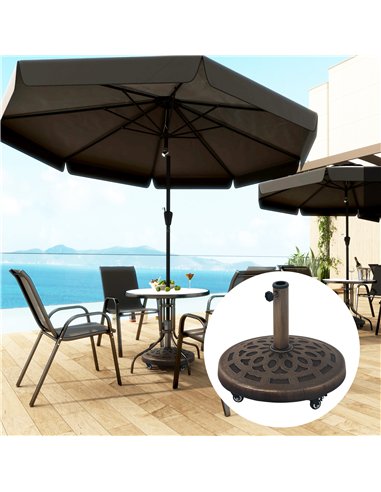 Outsunny 21kg Resin Garden Parasol Base with Wheels, Round Umbrella Stand, Heavy Duty Sun Umbrella Base for 32, 38, 48 mm Umbrel