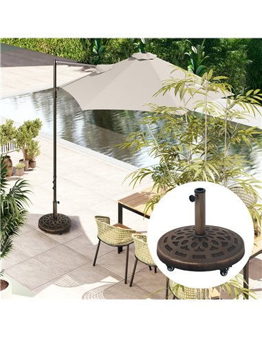 Outsunny 21kg Resin Garden Parasol Base with Wheels, Round Umbrella Stand, Heavy Duty Sun Umbrella Base for 32, 38, 48 mm Umbrel