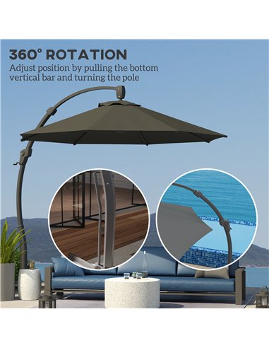 Outsunny 3(m) Garden Cantilever Parasol, Round Overhanging Umbrella with Crank Handle, Cross Base, Aluminium Frame and 360° Rota