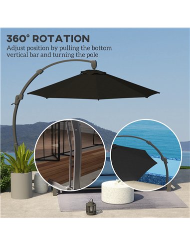 Outsunny 3(m) Garden Cantilever Parasol, Round Overhanging Umbrella with Crank Handle, Cross Base, Aluminium Frame and 360° Rota
