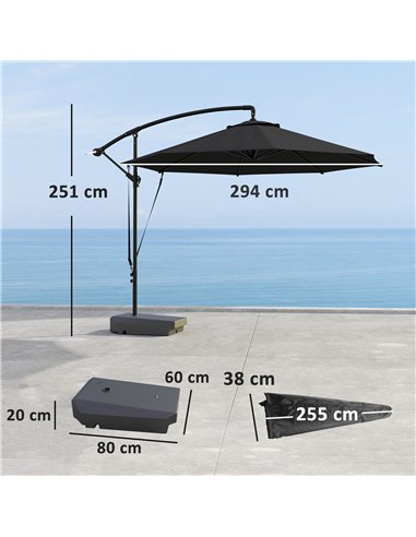 Outsunny 3(m) Garden Cantilever Parasol with Fillable Base up to 90kg, Wind Protection Strap, Cover, Round Banana Hanging Umbrel