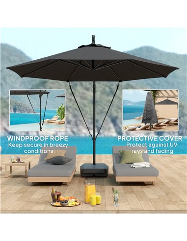 Outsunny 3(m) Garden Cantilever Parasol with Fillable Base up to 90kg, Wind Protection Strap, Cover, Round Banana Hanging Umbrel