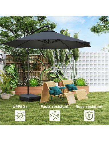 Outsunny 3(m) Garden Cantilever Parasol with Fillable Base up to 90kg, Wind Protection Strap, Cover, Round Banana Hanging Umbrel