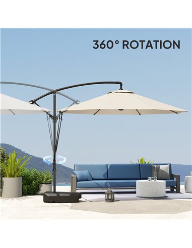 Outsunny 3(m) Garden Cantilever Parasol with Fillable Base up to 90kg, Wind Protection Strap, Cover, Round Banana Hanging Umbrel