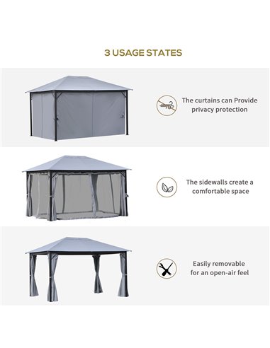 Outsunny 4 x 3(m) Outdoor Gazebo Canopy Party Tent Garden Pavilion Patio Shelter with Curtains, Netting Sidewalls, Grey
